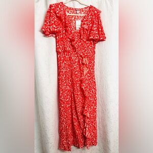 A New Day NWT Vibrant Red Floral, Cascading Ruffles V Neck & Bottom Maxi Dress L